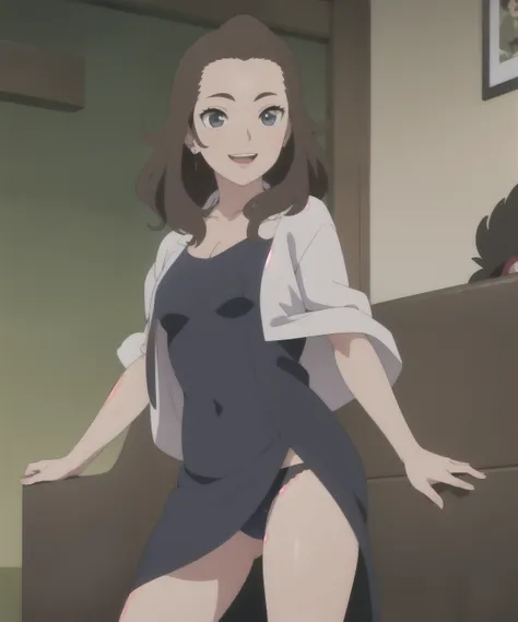 akitainuzuka,cola de caballo baja, By the chestnut, ojos negros,anteojos,pendientes,abrigo de cuello alto,escote,sonrisa tranquila,Mujer madura, mqmf,sala de estar, usando vestido oscuro, showing leg, showing underwear images anime style