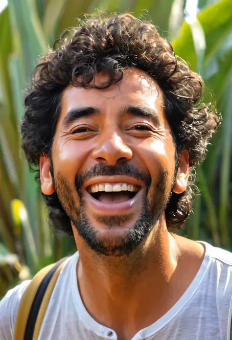 ((melhor qualidade)), ((Obra-prima)), (Detalhado), rosto perfeito rua animada, ensolarado, com um garoto de 30 anos, JAVIER, caminhada despreocupada com fones de ouvido sem fio. His face reflects joy as he sings a song.