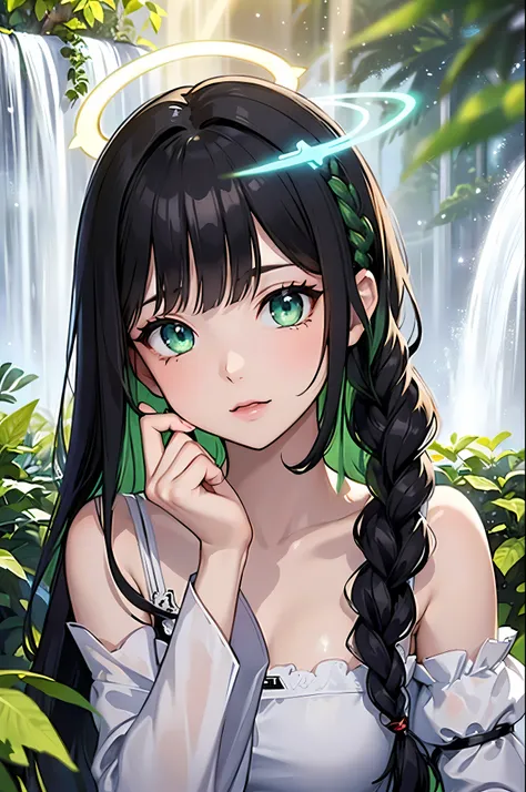 table top, outstanding picture, illustration, 1 girl, sexy, Hands with perfect detail ,4 fingers and 1 thumb ,break,(dynamic lighting: 1.2), cinematic light, delicate facial features, (beautiful eyes: 1.2), (bright green eyes: 1.233), waterfall braid, Very...