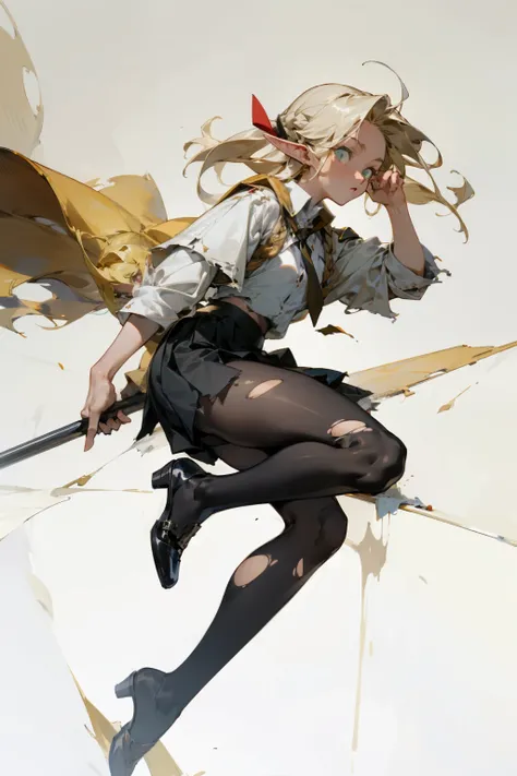 (masterpiece, best quality) detailed, Wearing black tights, silver accessories , blonde ,elegant, pointed ears ，white shirt，torn clothes，pleated skirt