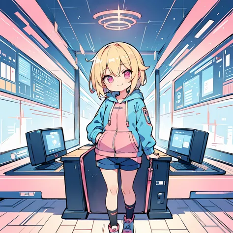 (blonde girl with short cut),(((blue zip hoodie))),(((Pink inner))),(black hot pants),pink eyes,open your mouth, A sluggish smile, Full body Esbian,(Little),((((solo))),(Highest image quality, In 8K, masterpiece, super detail),