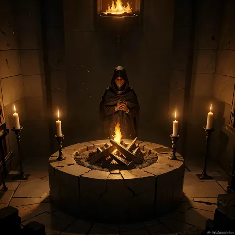 Three cultists wearing hoods are seen from above, they are surrounded by an altar, on that altar there is fire and, no meio desta fogueira, there is an egg made of embers and lava. Estilo concept art, pintura digital.