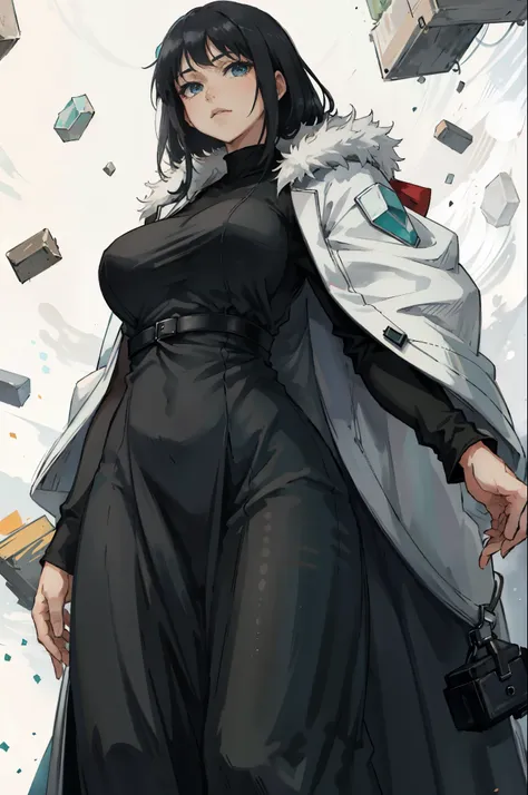 beautiful character in a black dress with a fur coat and a white cape, fubuki, hinata hyuga, black - haired mage.realistic