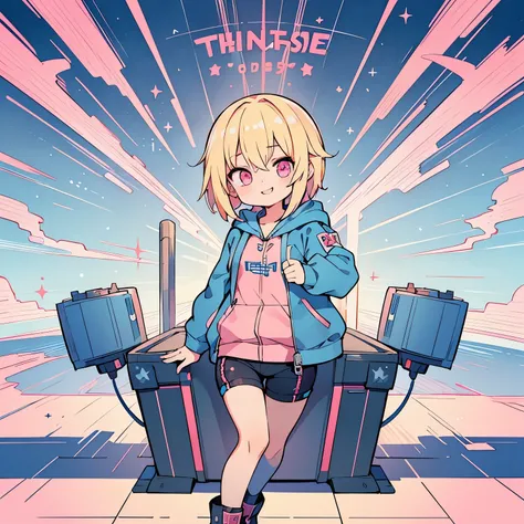 (blonde girl with short cut),(((blue zip hoodie))),(((Pink inner))),(black hot pants),pink eyes,open your mouth, A sluggish smile, Full body Esbian,(Little),((((solo))),(Highest image quality, In 8K, masterpiece, super detail),