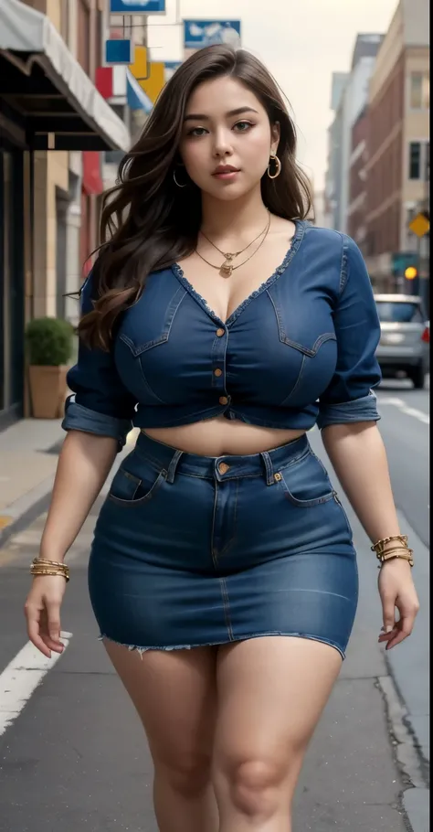 ((best quality)), ((masterpiece)), (detailed), perfect face, araffe woman in a dark-blue shirt and blue denim skirt walking down a street, thicc, she has a jiggly fat round belly, bbwchan, wearing tight simple clothes, skinny waist and thick hips, widest h...