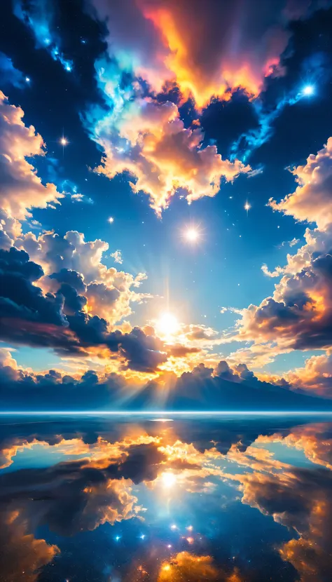 the sky is reflected in the mirrored sea,reflection,symmetry,uyuni,moonlight,a beautiful sky spreads out,dream-like,,cloud,,mari...