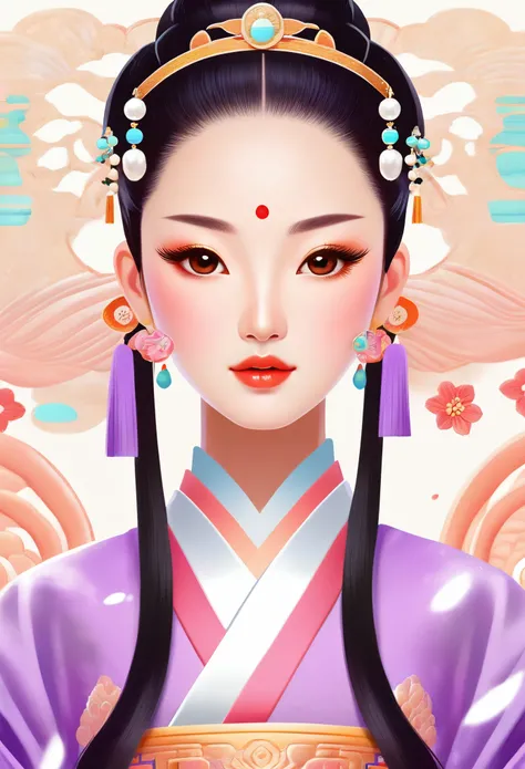 Beautiful Chinese girl , pearl earrings, long eyelashes and pink lips, close up of face, clean face , rounded chin ，purple eyes, purple Hanfu with embroidery, white background , flat illustration, rendered in 3D with bright colors and exquisite details, as...