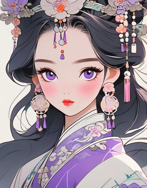 Beautiful Chinese girl , pearl earrings, long eyelashes and pink lips, close up of face, clean face , rounded chin ，purple eyes, purple Hanfu with embroidery, white background , flat illustration, rendered in 3D with bright colors and exquisite details, as...