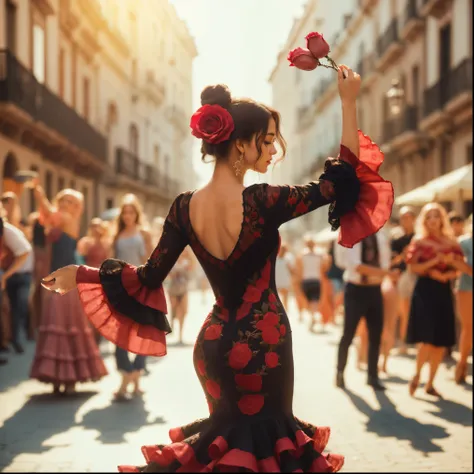 (masterpiece, best quality:1.2), (1girl, solo), Spanish girl, 20years old, (upper body, from behind), rose hair ornament, (closing eyes, aroused, blush), rose lips, (dance costume, rose embroidery), holding large rose, (dancing on the street, flamenco), co...