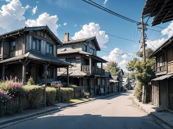 very cozy little place, hyper realism, (anime Makoto Shinkai:0.4), old shabby house in city street, home wiring, outdoors, sky, cloud, day, scenery, tree, blue sky, building, sign, wires, railing, wide shot, utility pole, town, wilderness, flowers, a lot o...