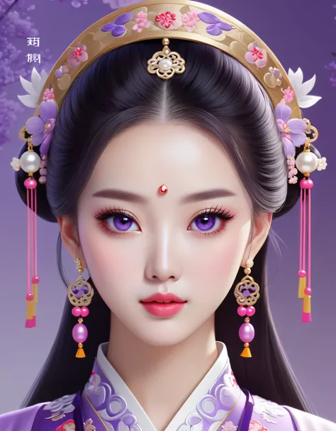 Beautiful Chinese girl , pearl earrings, long eyelashes and pink lips, close up of face, clean face , rounded chin ，purple eyes, purple Hanfu with embroidery, white background , flat illustration, rendered in 3D with bright colors and exquisite details, as...