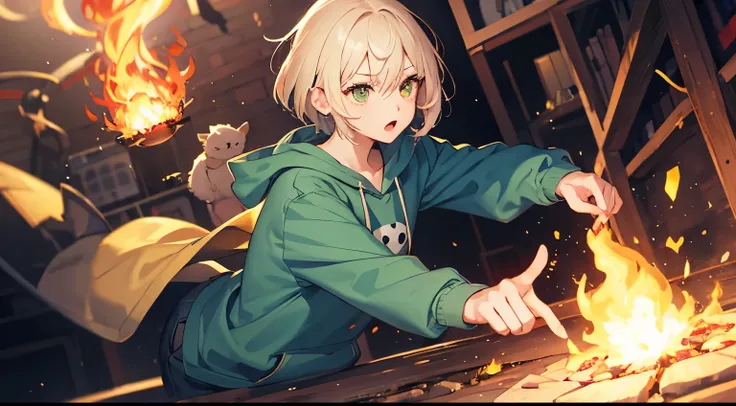 cute、female、１８about age、（short hair、blonde、yellow-green eyes、green hoodie、pants）In the background, fire is flying out from countless magic circles.