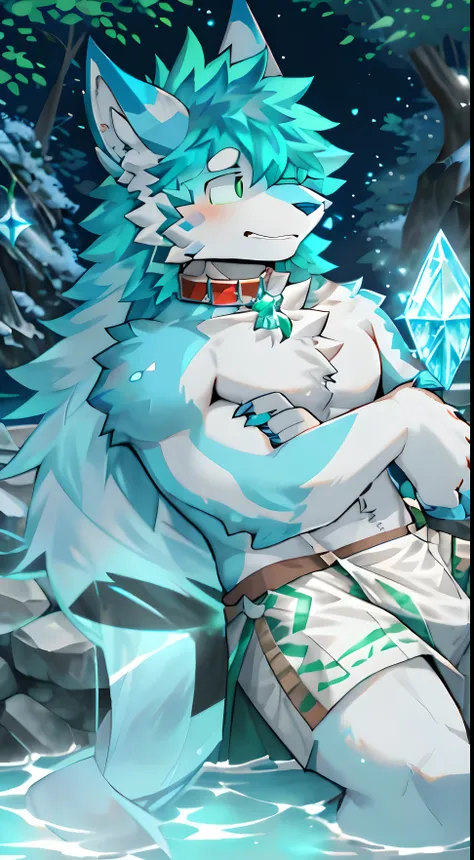 the only person,hairy pubic hair,human biology,Male white wolf,gray fur,Haio,White ears bleeding - green eyes,muscle tissue,male,(animal ears bodyesbian furry feeling,blue highlighter,collar,loincloth,blue tattoo, crystal tattoo,wave tattoo,long hair,hot s...