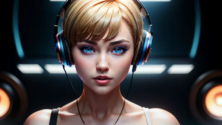 ighres, shadows, absurdres, best_quality, ultra_detailed, 8k, extremely_clear, photograph, beautiful, sharp focus, hdr, A cute pop singer with short hair and symmetrical teary eyes into headphones, from chest to head