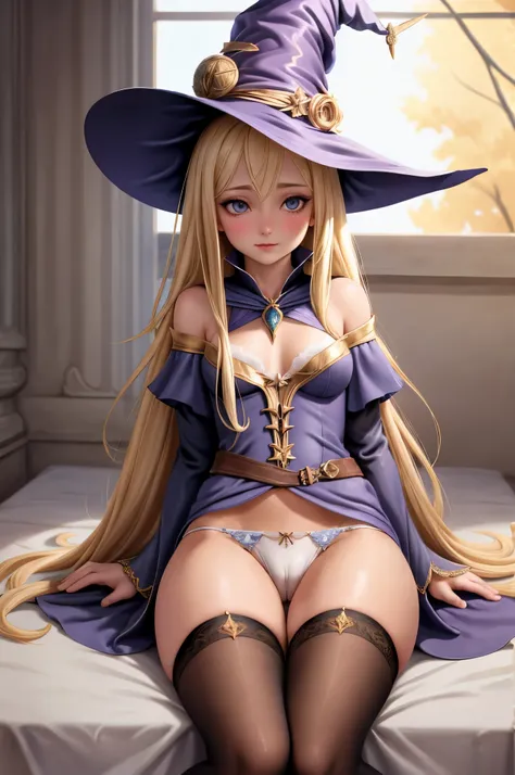 Blonde sorceress, witch hat, front, cameltoe, 1girl, beautiful, sitting, no pants, no pants, thong, panties, panties appearing, white panties, pantyshot, thin, realistic, 8k, D&D, wallpaper, ultra realistic, ultra detailed,
