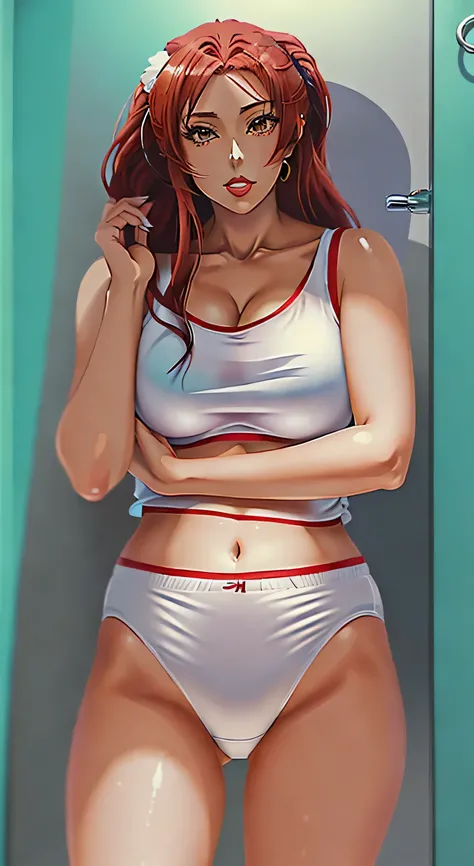 ((((masterpiece, best quality)))), ((33 year old)), (((Curvy))), ((Latina with long red hair)), in ((white tanktop)), ((white high cut panties)), ((Red lipstick)), ((Standing in a messy bathroom)), ((((anime art style))))