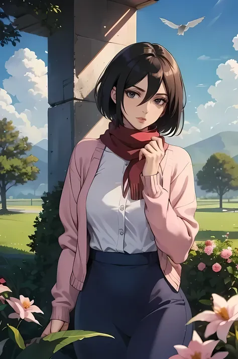 Mikasa ackerman, greyish black eyes, short hair, black hair, BREAK (pink cardigan:1.5), BREAK red scarf, BREAK (blue skirt), (long skirt), a bird flying, big tree, flowers, sky, cloud, parted lips, looking at viewer, outdoors, grass,