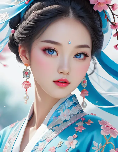 Flying veil covering half of a beautiful Chinese girl, pearl earrings, long eyelashes and pink lips, close-up of face, clean face, round chin, blue eyes, blue hanbok with embroidery, white background.
Graphic Illustration, 3D Rendering, Bright colors and f...