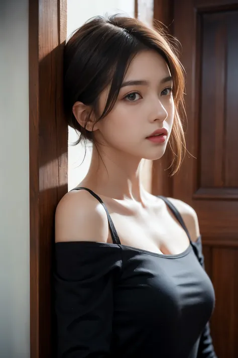 skin tight black top:1.2, looking at the viewer, cinematic lighting, perfection, soft light, high resolution skins:1.2, realistic skin texture, realistic face, off shoulder, exposed cleavage, blue eyes, short hair,dark brown hair、bust B cup、small breasts、