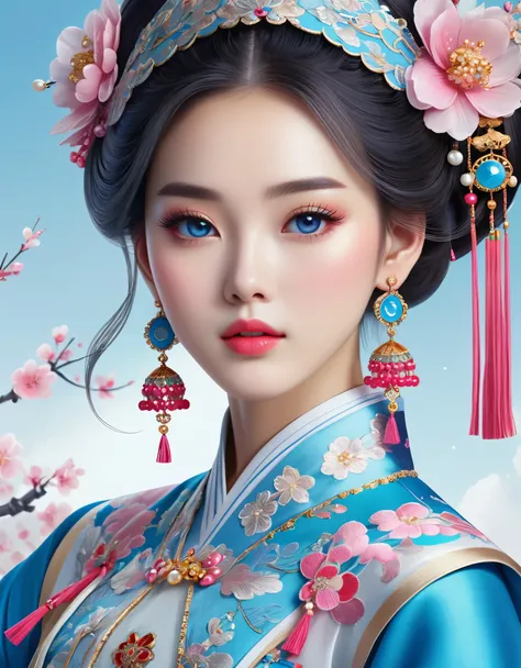 flying veil covers beautiful chinese girl's face, pearl earrings, long eyelashes and pink lips, close-up of face, clean face, ro...