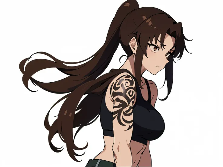 茶髪とdenim shortで立っているanime woman, long brown hair woman, brown eyed woman, ponytail, solo, anime womanがしゃがんでいる, clothing:black sp...