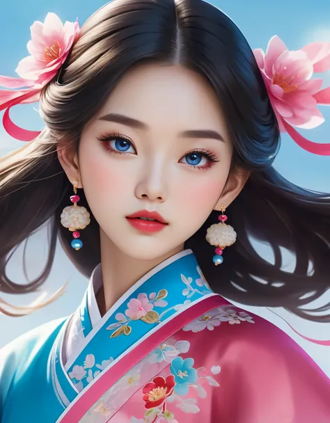 flying veil covers beautiful chinese girl's face, pearl earrings, long eyelashes and pink lips, close-up of face, clean face, ro...