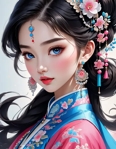 flying veil covers beautiful chinese girl's face, pearl earrings, long eyelashes and pink lips, close-up of face, clean face, ro...