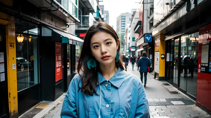 realistic photography, beautiful young japanese woman , road