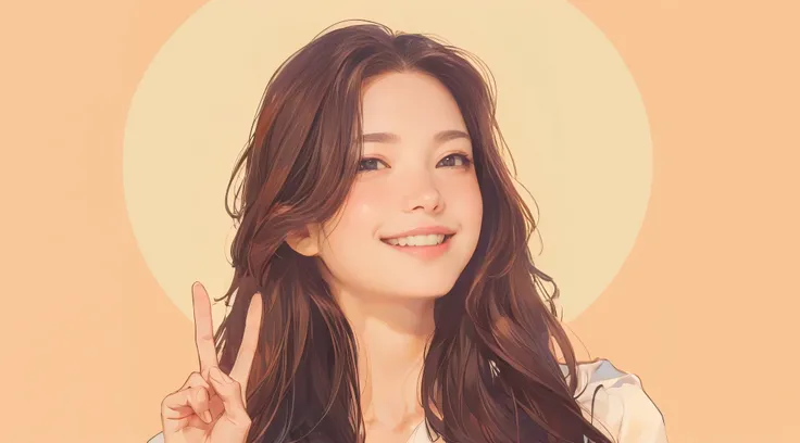 (masterpiece, best quality:1.2), A Korean woman with cute and long hair is smiling with her right index finger pointing to the sky. The womans head can be seen from above the waist