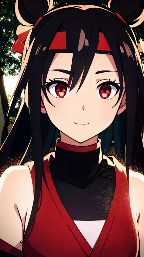 anime visual of a cute girl, young anime girl, an anime girl, ((Black hair)), ((Sharingan eyes)), red eyes, bun pigtails hairstyles, ((shinobi headband)), kunoichi, anbu armor, shinobi clothes, ((outside in the Forrest)), ((red ribbon around hair buns)), b...