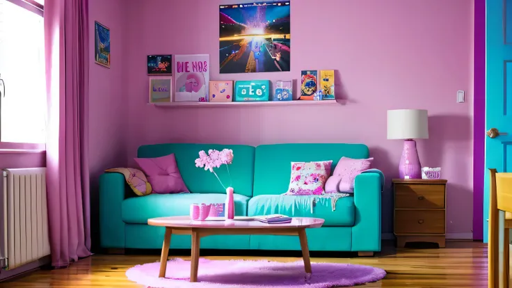 There is a sofa in front of the straight living room..。 The walls and floors are decorated with KPOP posters and goods...。 There&#39;that&#39;It&#39;s a clock on the wall。This is a room for a teenage female living alone...。Most of the accessories are pink ...