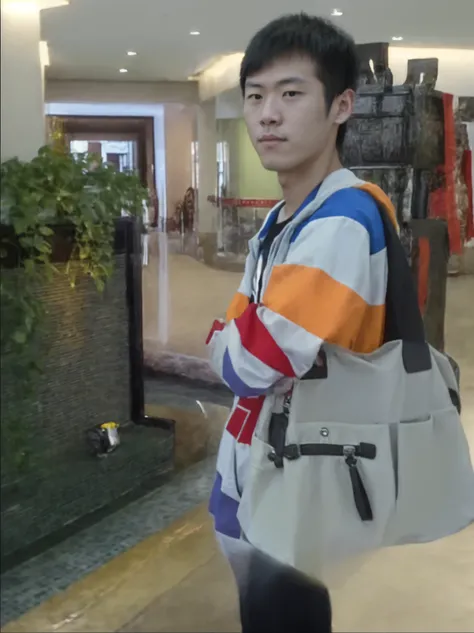 arafed man Wearing a backpack standing in a lobby, Inspired by Ding Guanpeng, Inspired by Ding Yunpeng, Appear in the mall, jinyiwei, student, li zixin, Xintong Chen, inspired by Bian Jingzhao, yihao ren, inspired by Wen Zhengming, wenjun lin, like liangch...