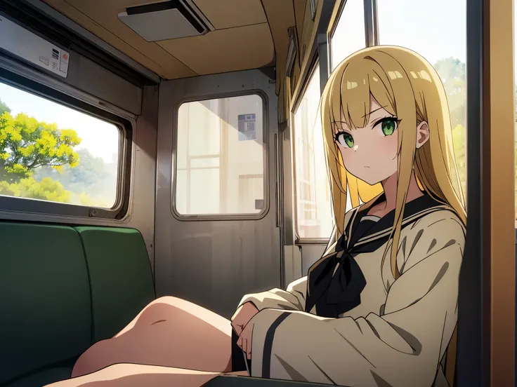 1girl,in the bus,green eyes,straight hair,,look at viewer,japanese countryside blonde arms folded By the window black sailor