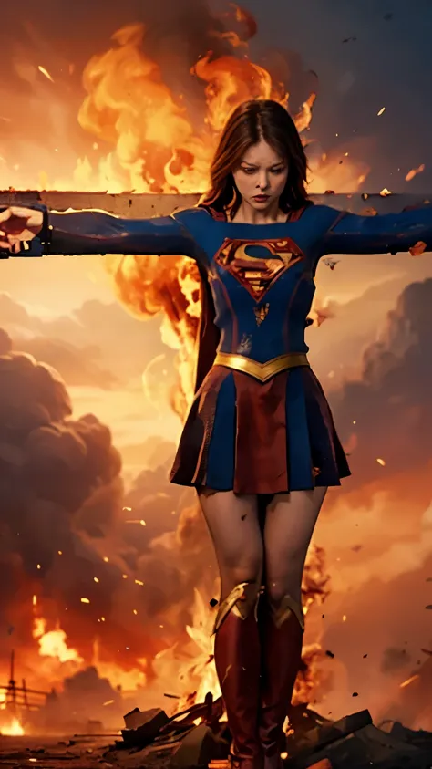 highest quality,masterpiece,UHD, Super detailed, 8K,(Beautiful woman),(一人のBeautiful woman),((crucifixion:1.5)),(((cross))),(execution),((incontinence)),scared,torture,slave,((crossにcrucifixionにされた女性:1.5)),crucifixion刑,((supergirl:1.5)),blue suit,Superman l...