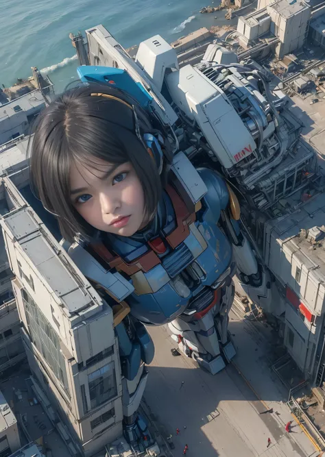 (((RAW image quality:1.4))), ((A giant mechanical woman much bigger than a skyscraper:1.4)), 14 years old, Japanese, beautiful顔, beautiful艶肌, Super detailed, advanced details, high quality, 最high quality, High resolution, 1080p, hard disk, beautiful,((gund...