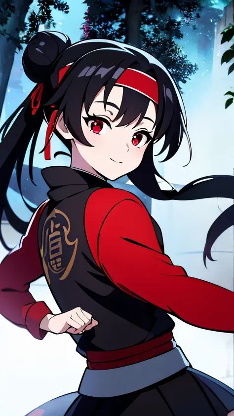 anime visual of a cute girl, young anime girl, an anime girl, ((black hair)), ((sharingan eyes)), red eyes, bun pigtails hairsty...