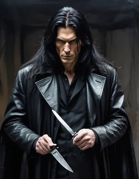 Hantred Tall, intimidating piscopathic man, with long black hair, dark energy, wearing a black leather overcoat, armed with a knife