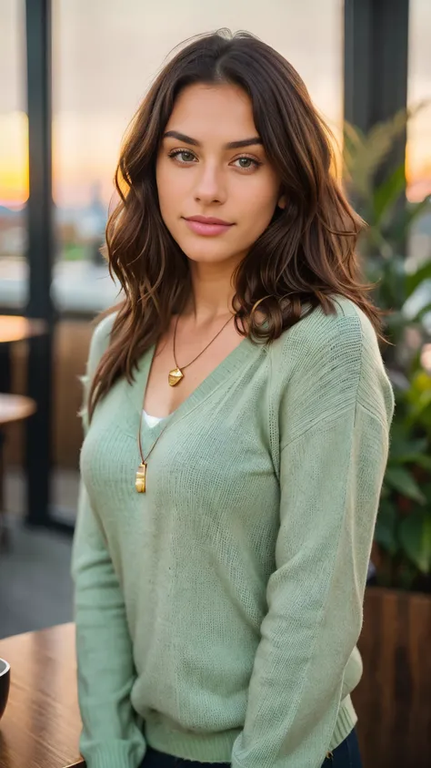 Beautiful brownie in green sweater (Drink coffee in a modern café at sunset), Very detailed, 21 years old, Innocent face, Natural wavy hair, Brown eyes, High resolution, Golden Necklace, masutepiece, Best Quality, Intricate details, Highly detailed, Sharp ...