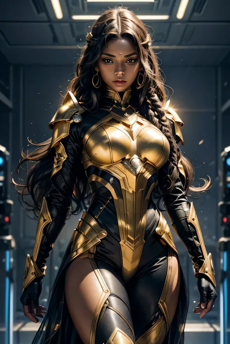 In the heart of a cutting-edge, technologically advanced battlefield, a powerful african Black girl warrior assumes a commanding stance. Her sleek futuristic armor, meticulously crafted with intricate designs, radiant shine and gold lights, hugs her toned ...