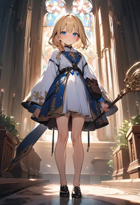 1boy, trap, blonde hair, long single back-length braid, blue eyes, flat chest, somewhat short person, white robes, bare legs, extremely girly boy, clutching golden staff, church background, textured skin, UHD, UHD, UHD, UHD, award winning, high details, in...