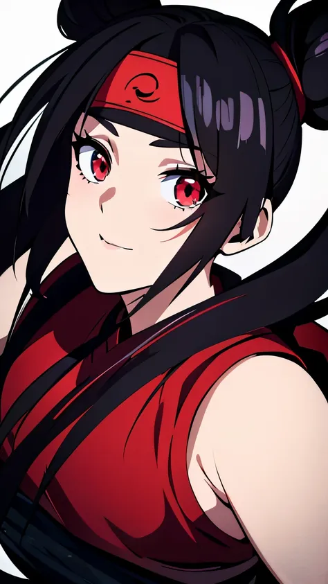 anime visual of a cute girl, young anime girl, an anime girl, ((black hair)), ((sharingan eyes)), red eyes, bun pigtails hairsty...