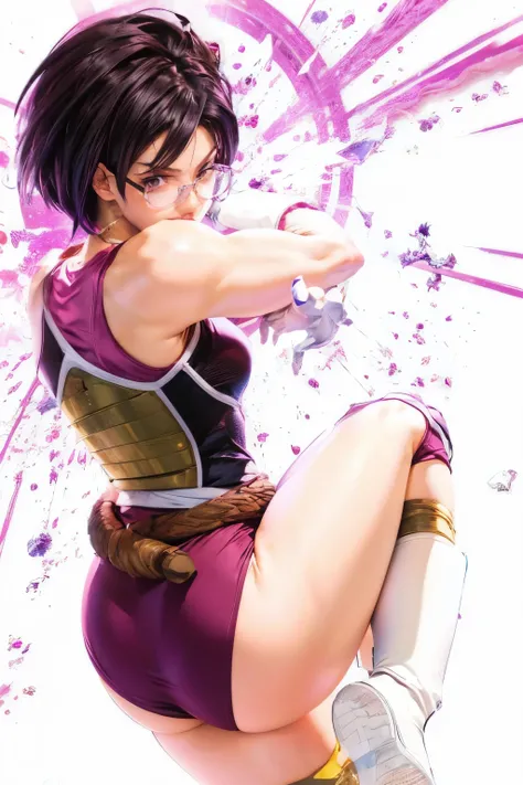 a cartoon image of a woman in a purple outfit and glasses, saiyan girl, female protagonist 👀 :8, highly detailed exquisite fanart, juri misaki, akiri toriyama, hq artwork, high quality colored sketch, most strongest pose, juri han from street fighter, high...