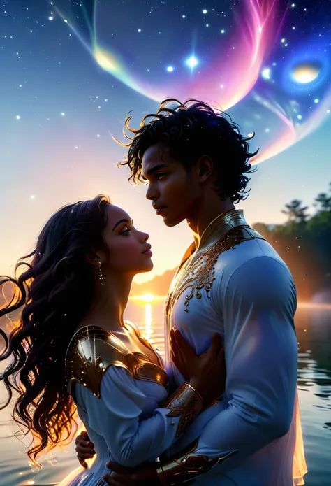 a realistic photography, a detailed hd photograpy of passionate couple in a celestial landscape, young dark-skinned couple in th...