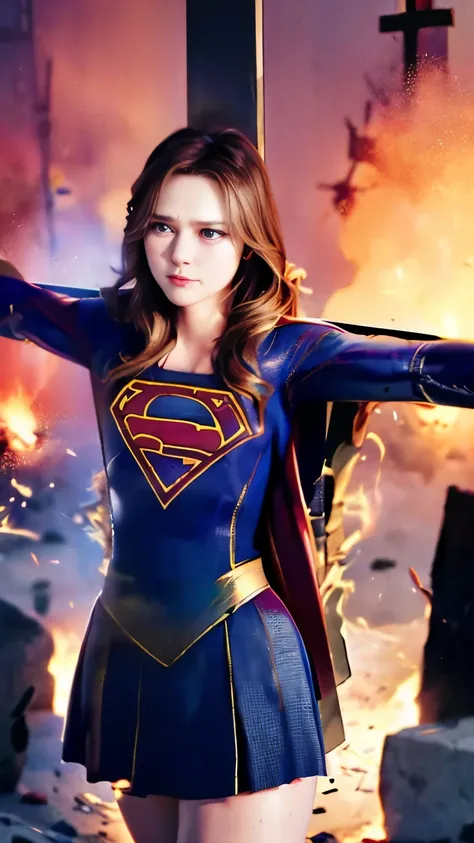 highest quality,masterpiece,UHD, Super detailed, 8K,(Beautiful woman),(一人のBeautiful woman),((crucifixion:1.5)),(((cross))),(execution),((incontinence)),scared,torture,slave,((crossにcrucifixionにされた女性:1.5)),crucifixion刑,((supergirl:1.5)),blue suit,Superman l...