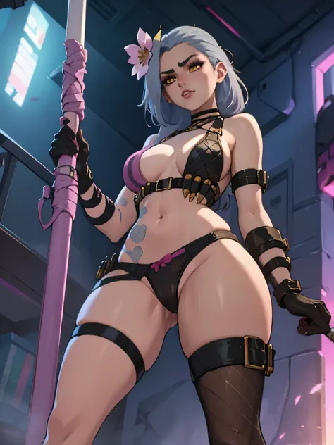 1girl,backlighting,bandaged arm,bandaged leg,bandaged neck,bandages,black gloves,digital dissolve,flower,from below,gloves,grey hair,hair flower,hair ornament,high heels,holding,holding weapon,knee up,lingerie,lips,looking at viewer,panties,serious,skinden...