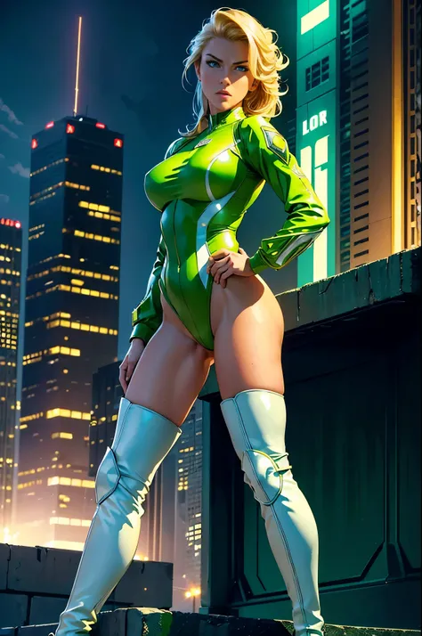 ((best quality)), ((masterpiece)), ((ultra realistic)), (dynamic heroic pose), american blonde, beautiful detailed face, detailed eyes, sexy us military officer, dressed in a green and white leotard, city backdrop, neon edge lighting, highly detailed, prof...