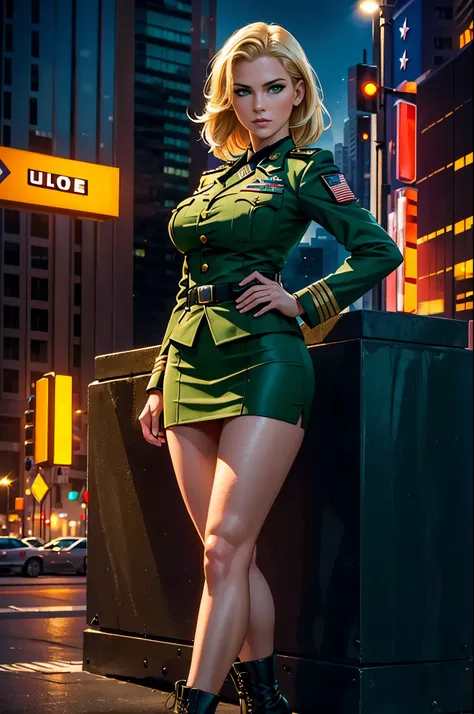 ((best quality)), ((masterpiece)), ((ultra realistic)), (dynamic sexy pose), american blonde, beautiful detailed face, detailed eyes, sexy us military officer, us army officer, city backdrop, neon edge lighting, highly detailed, professional, U.S. army dre...