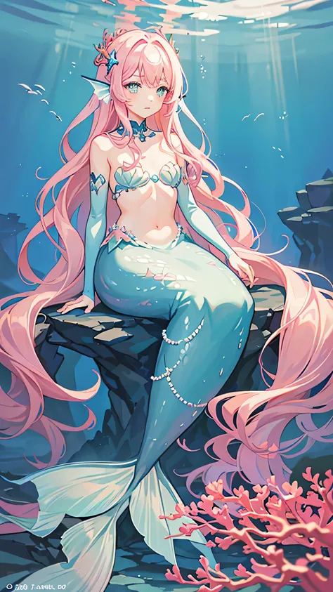 Illuminated by the mysterious light of the deep sea, 明るいピンクの髪と輝く瞳を持つ水色のmermaid., An underwater kingdom full of colorful corals and seaweed, mermaid&#39;hair is long、Swings naturally due to the ocean currents。., The tail fin shines like a jewel with a brigh...