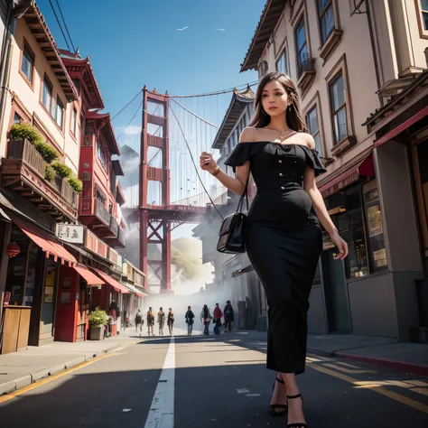 Image Prompt: Lose yourself in the fog-kissed enchantment of San Franciscos Chinatown, where bustling markets, colorful lanterns, and traditional architecture transport you to another world. Show a mix of Victorian houses, modern tech offices, and cable ca...