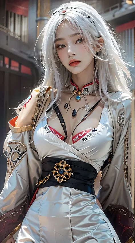 photorealistic, high resolution, 1women, solo, hips up, look at viewer, (detailed face), white hair, long hair, medium breasts, tattoo, taoist, black hair color, super long hair, small breast, beauty, face detailed